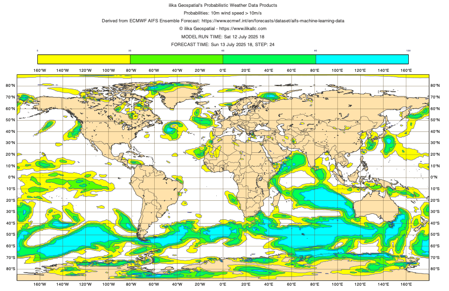 Probabilistic wind speed forecast showing probability of exceeding 10 m/s